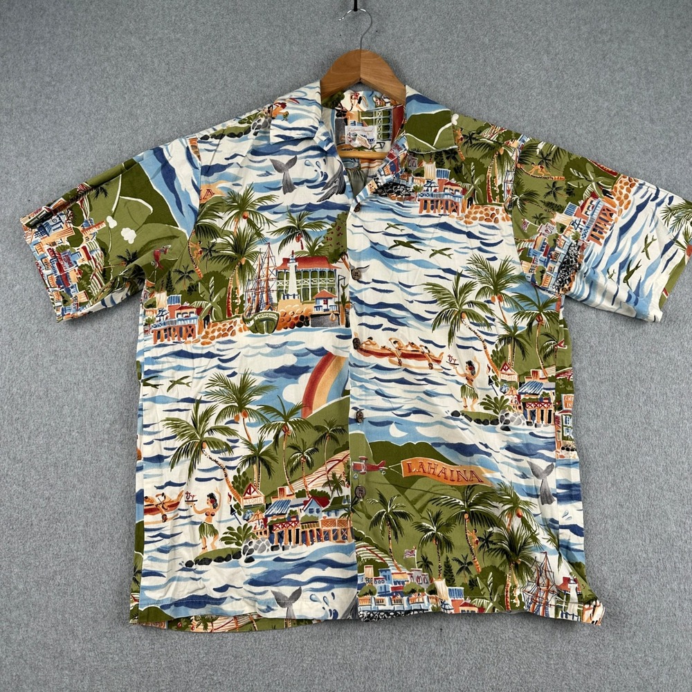 Vintage 80s Reyn Spooner Shirt Mens M Green Lahaina Hawaiian Aloha Scenic